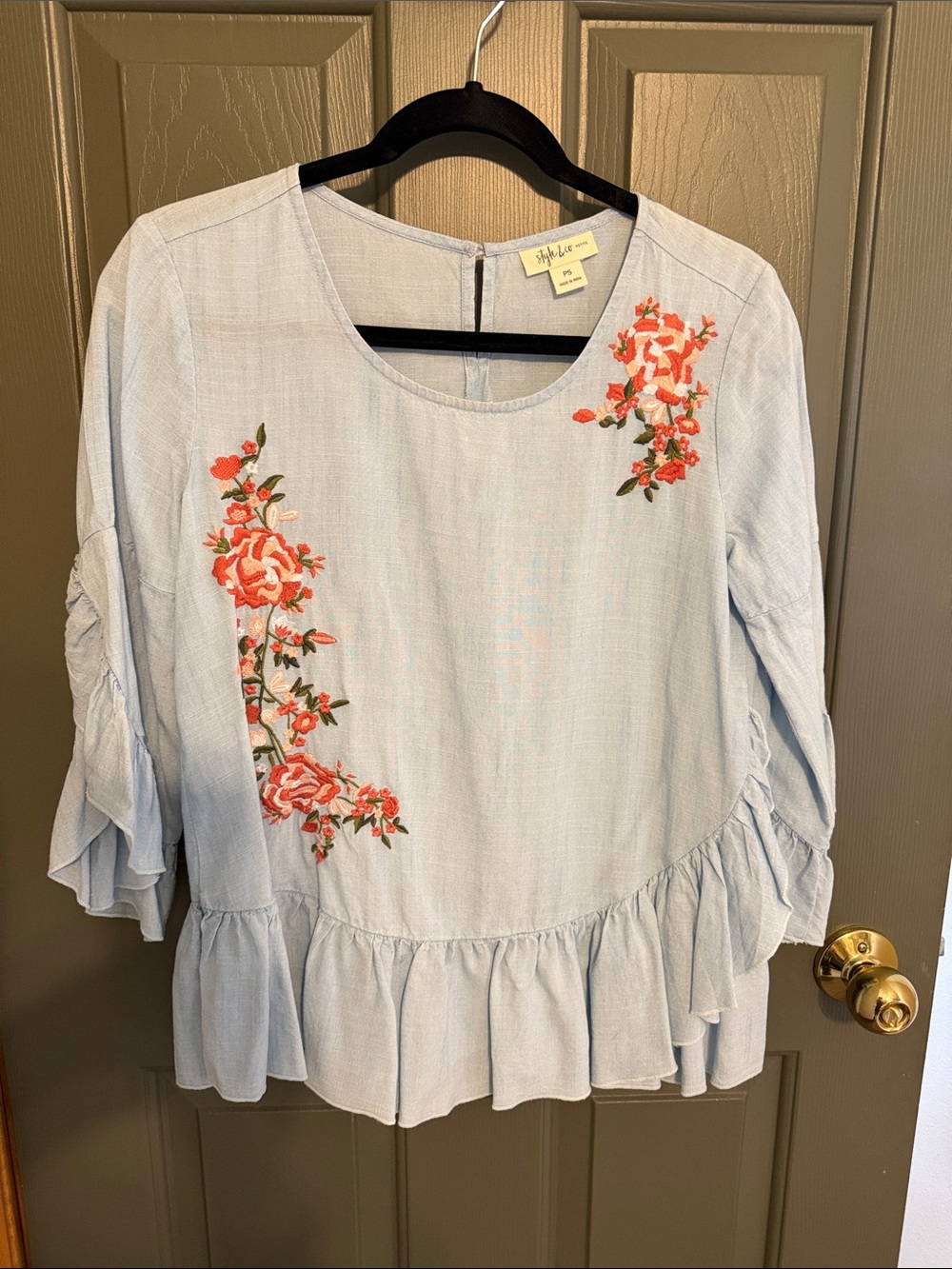Style & Co. Light Blue Ruffle Hem Embroidered Floral Tunic